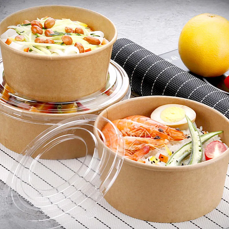 Eco friendly round takeaway sushi disposable salad kraft paper bowl with lid