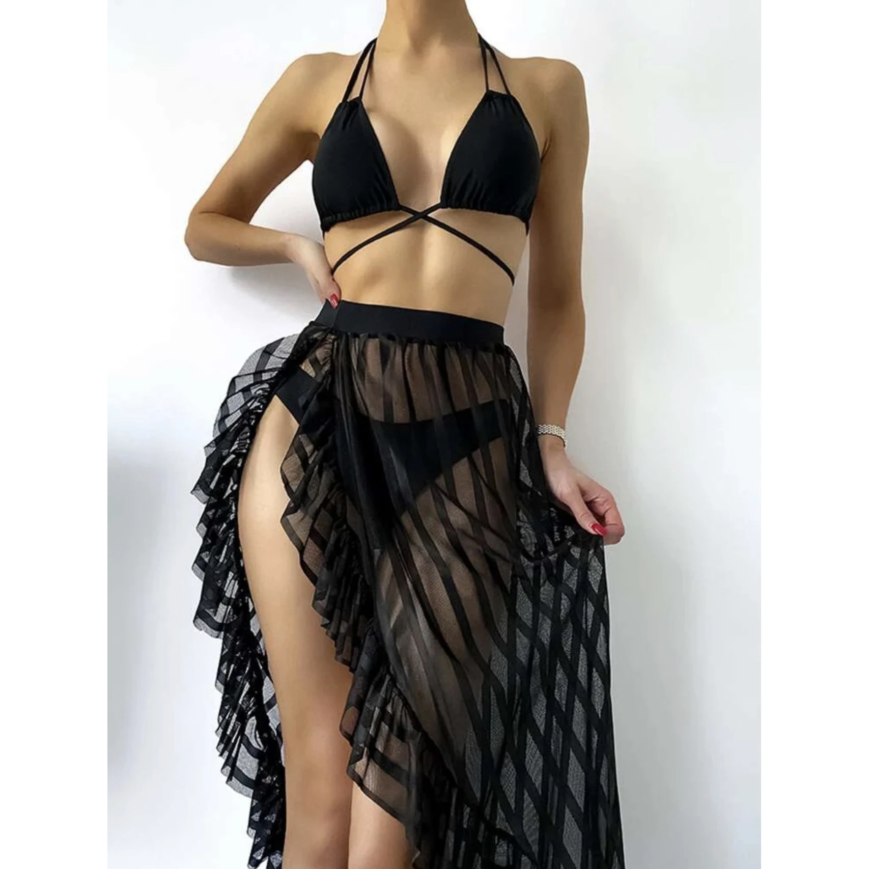 Лидер продаж комплект бикини с лямкой на шее горячее сексуальное из 3 предметов купальный Комплект трех юбкой оборками накидка пляжная одежда купальник