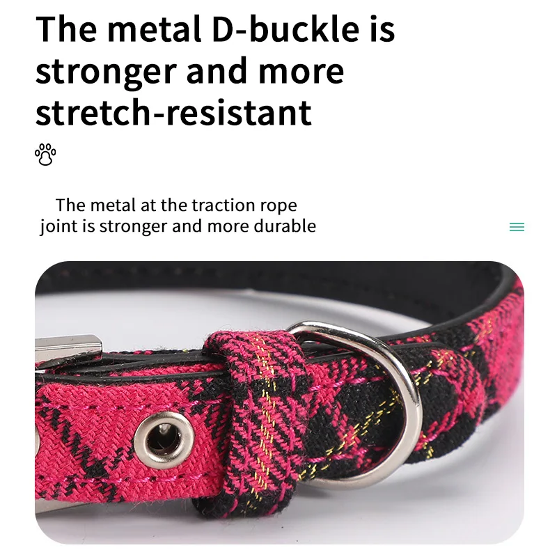 Double Layer Plaid Padded Engravable Metal Buckle Dog Collar Waterproof Leather Adjustable Pet Collars