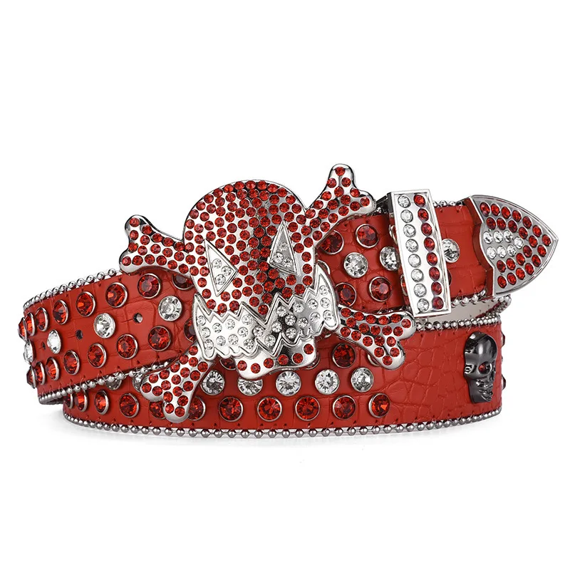 Wholesale Factory Fast Shipment Cristal Skull Buckle Rhinestone PU Leather belt