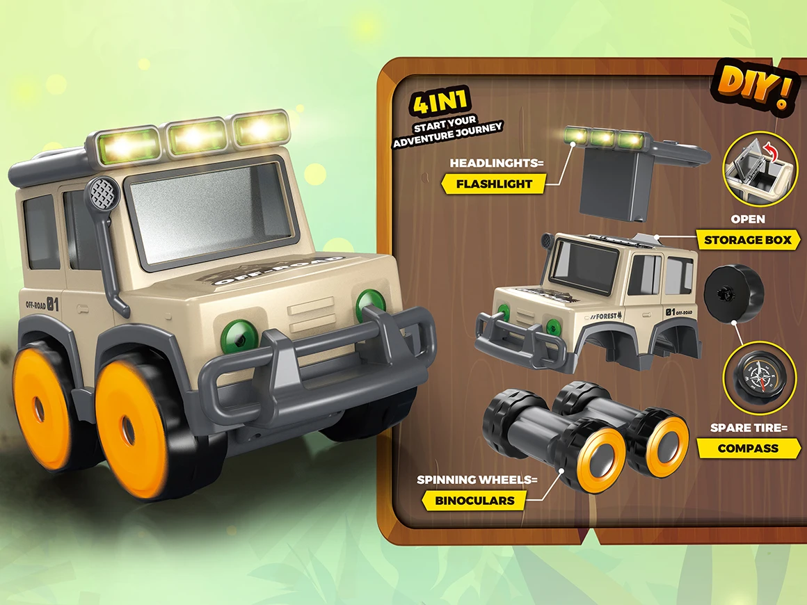 DWI 4 in 1 Big Adventures Binocular Searching Safari Car Toy Vehicle with Binoculars Flashlight and Compass