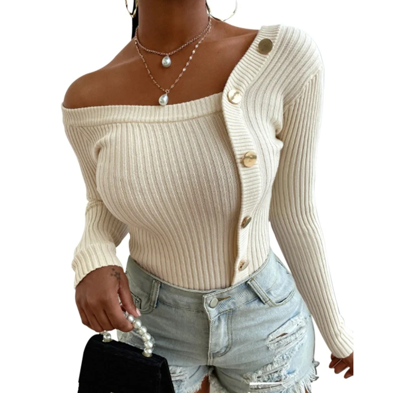 Women Sexy Off Shoulder Knitted Sweater Autumn Winter Solid Button Slim Fit Pullover Women Elastic Long Sleeve Sweater Jumpers