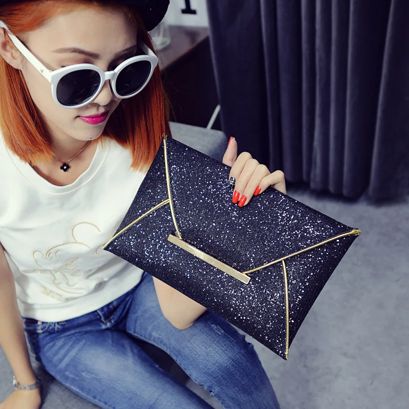 Simple Fashion Women Envelope Clutch Bag Solid Color Leather Glitter Purse Party Delicate Handbag Ladies Wedding Bags