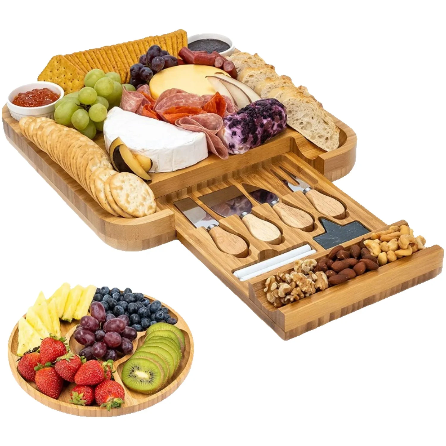 TZYC Bamboo Cheese Board with Cutlery Set Wood Charcuterie Platter Serving Meat Board with Slide-Out Drawer