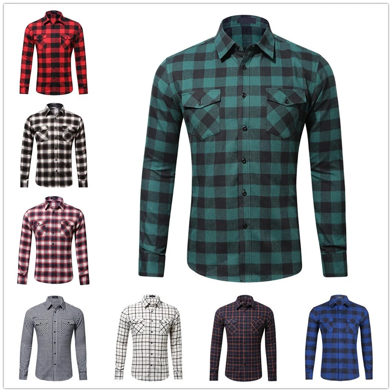Custom Mens Casual 100 Cotton Plaid Flannel Button Down Shirt Double Pockets Dress Shirts Long Sleeve Formal