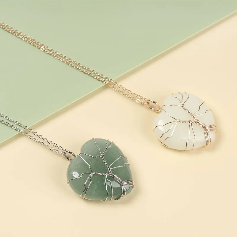 Natural Crystal Powder Healing Crystal Necklace Silver Tree Of Life Wire Wrapped Heart Shape Stone Pendant for Mothers Day Gifts