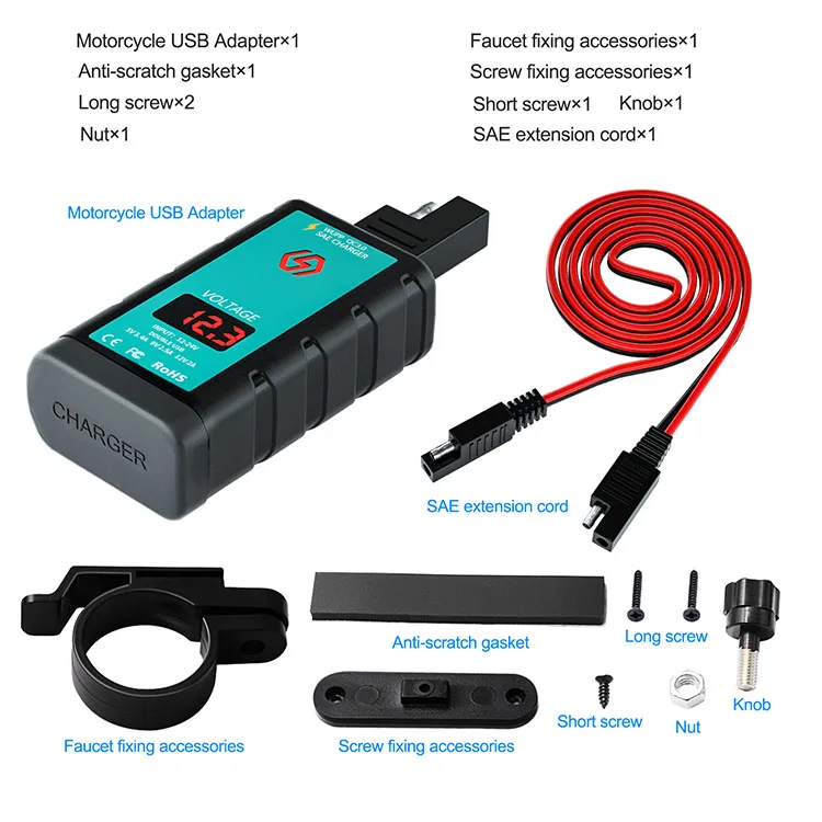 WUPP 12 - 24V QC3.0 Dual Usb Port Motorcycle Phone USB Charger Adapter With SAE Socket