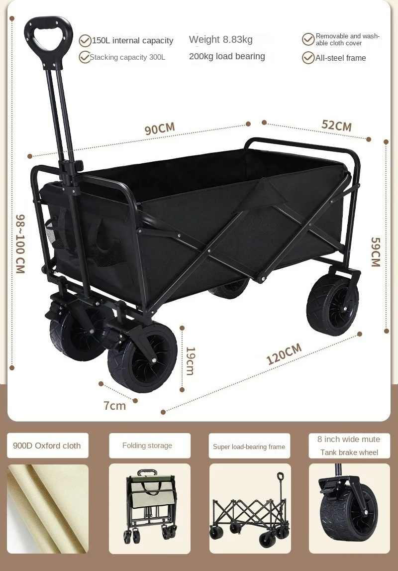 Multi-function Metal Canvas Folding Cart 4 Wheels Folding Portable Camping Wagon outdoor OEM Supported Platform Shopping Trolley