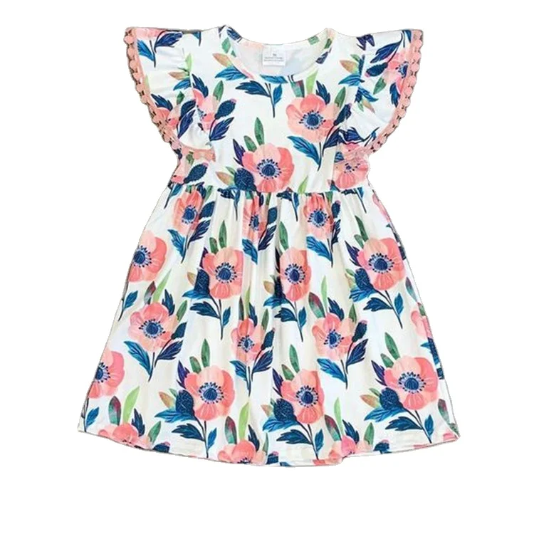 Boutique little girl cotton ruffle pearl dress chicken  printed kids clothes  0M-10T year old girl pearl dress