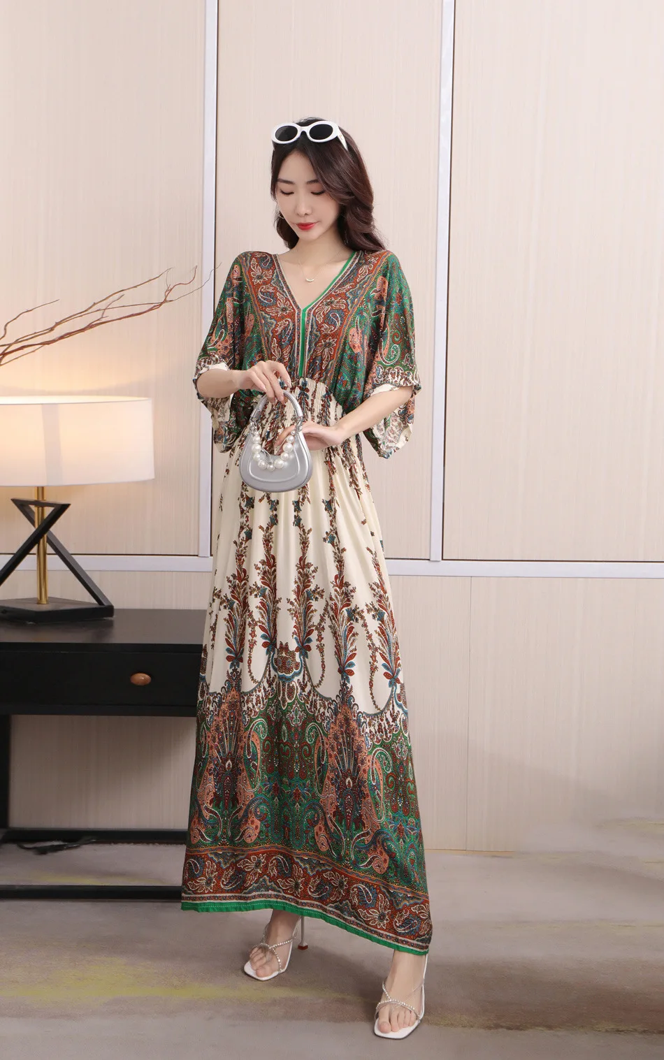 Southeast Asia travel Thai style cotton silk floral dress Female summer national style V-neck short-sleeved garden style skirt