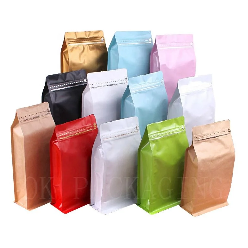 Custom China Factory Wholesale Square Flat Bottom Coffee Beans Bag with Valve Zipper Lock Packaging for Food Use