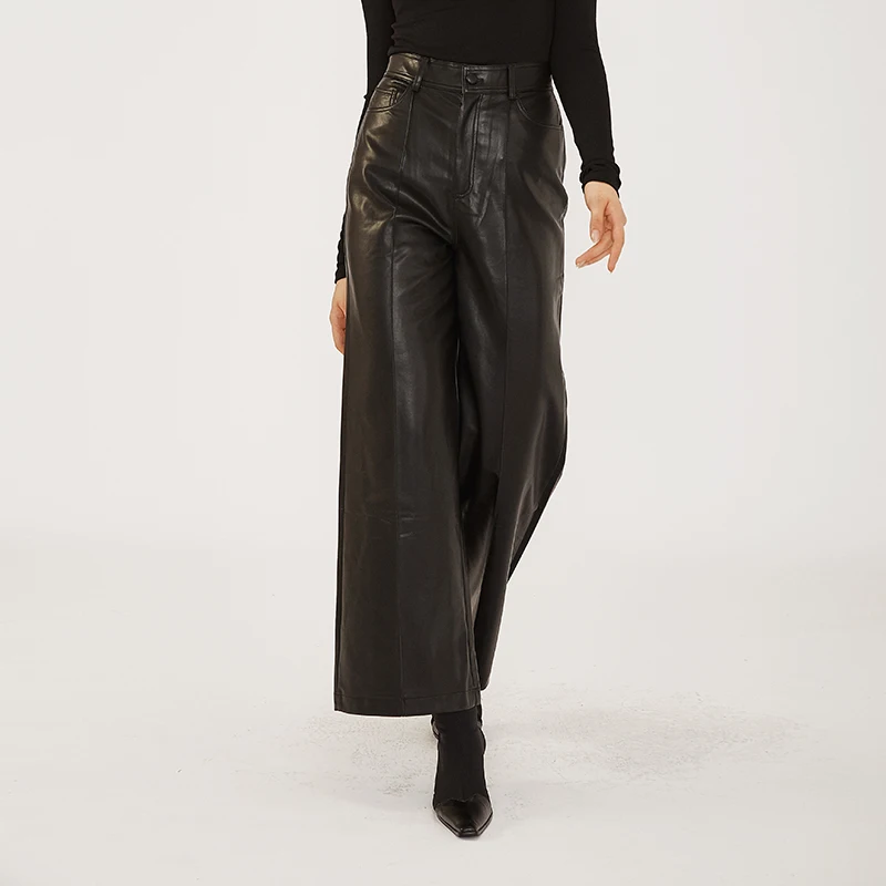 Осенние модные женские повседневные кожаные брюки высокого качества с карманами, длинные широкие брюки