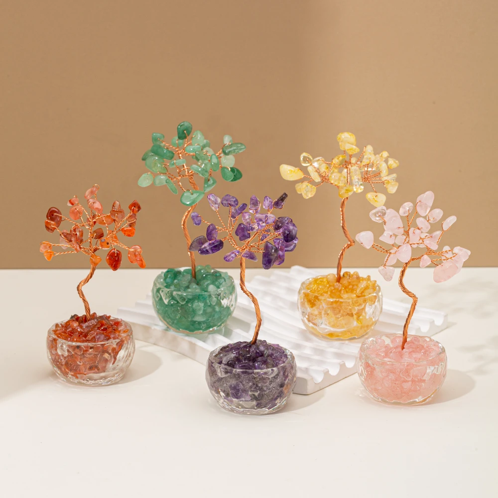 Energy Healing Crystal Quartz Chips Gemstone Money Happiness Tree Handmade Stone Feng Shui Tree for Wealth Good Luck Home Office