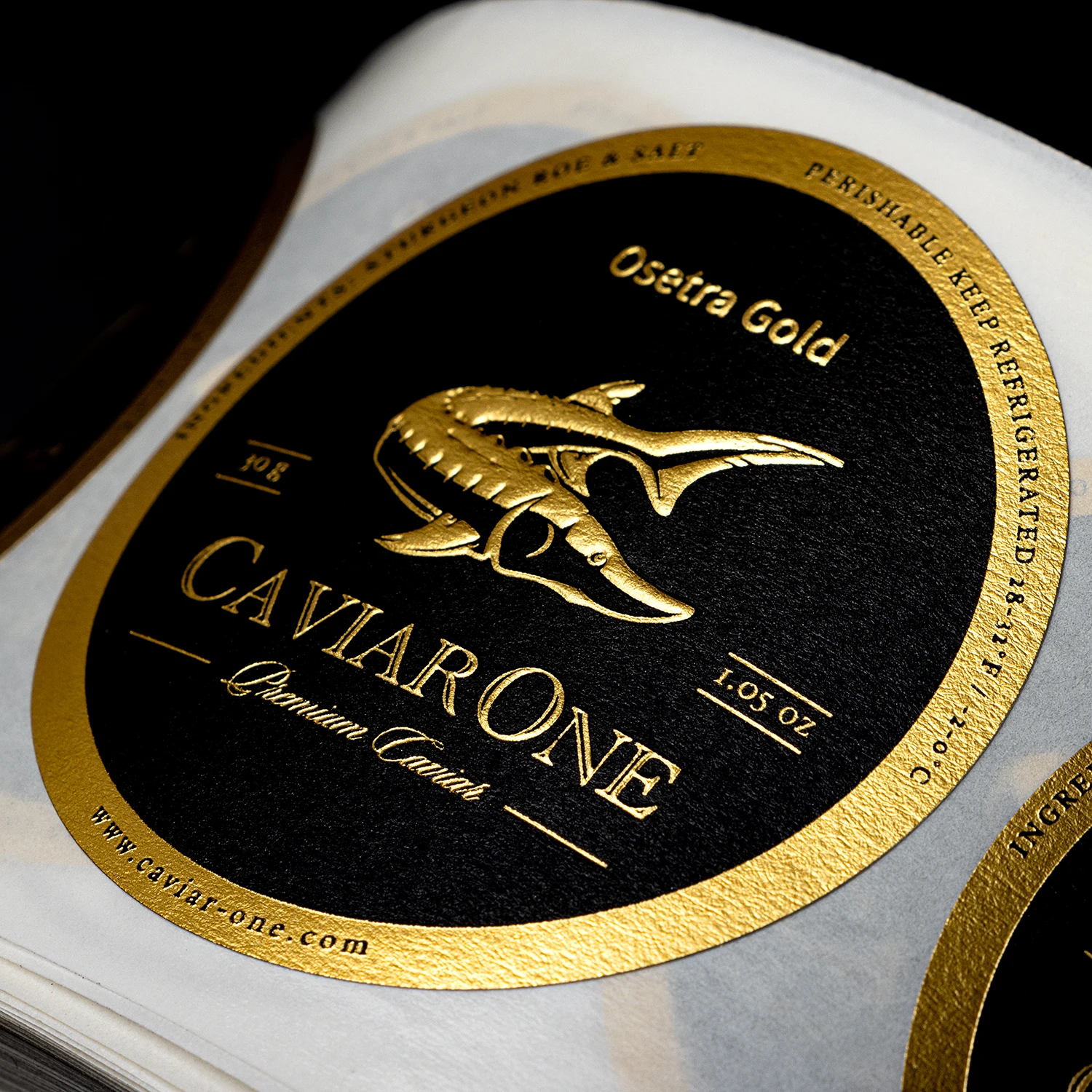 Waterproof Custom Luxury Biodegradable Textured Paper Printing Caviar Tin Kaviar Label Aluminum Gold Foil Embossed Caviar label