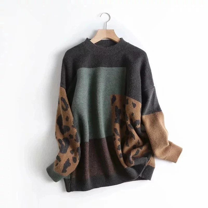 Women Sweater And Pullovers O-Neck Long Sleeve Vintage Knitted Leopard Women Sweater Autumn Pullovers Tricot Pull Femme