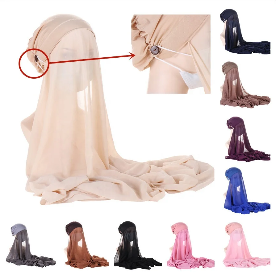 JYL-Customization Wholesale Fashion New Solid Chiffon Hijab With Cap Button Plain Muslim Women Instant Hijab Underscarf