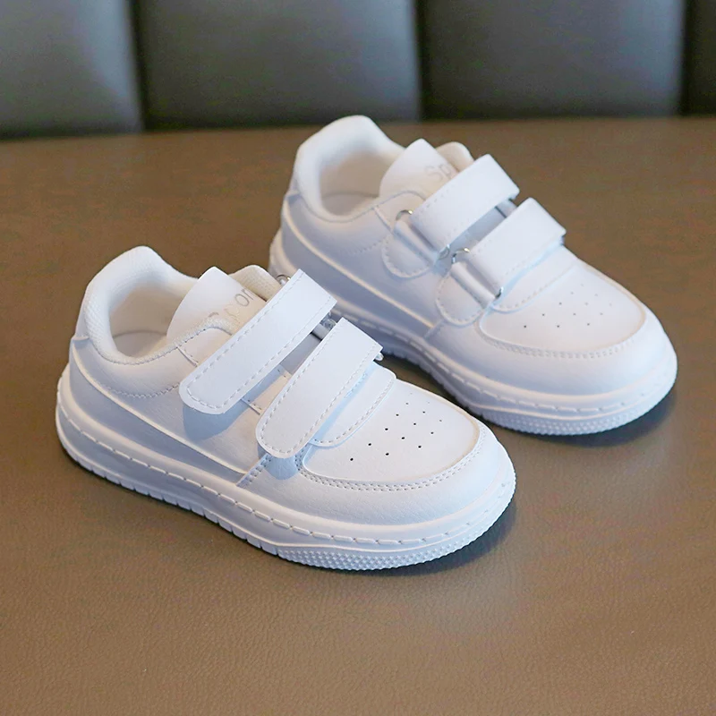 Fashion Hook & Loop Hot Sale Pu Leather Kid Sneakers White Children Sneakers Casual Running Sport Shoes For Girls And Boys