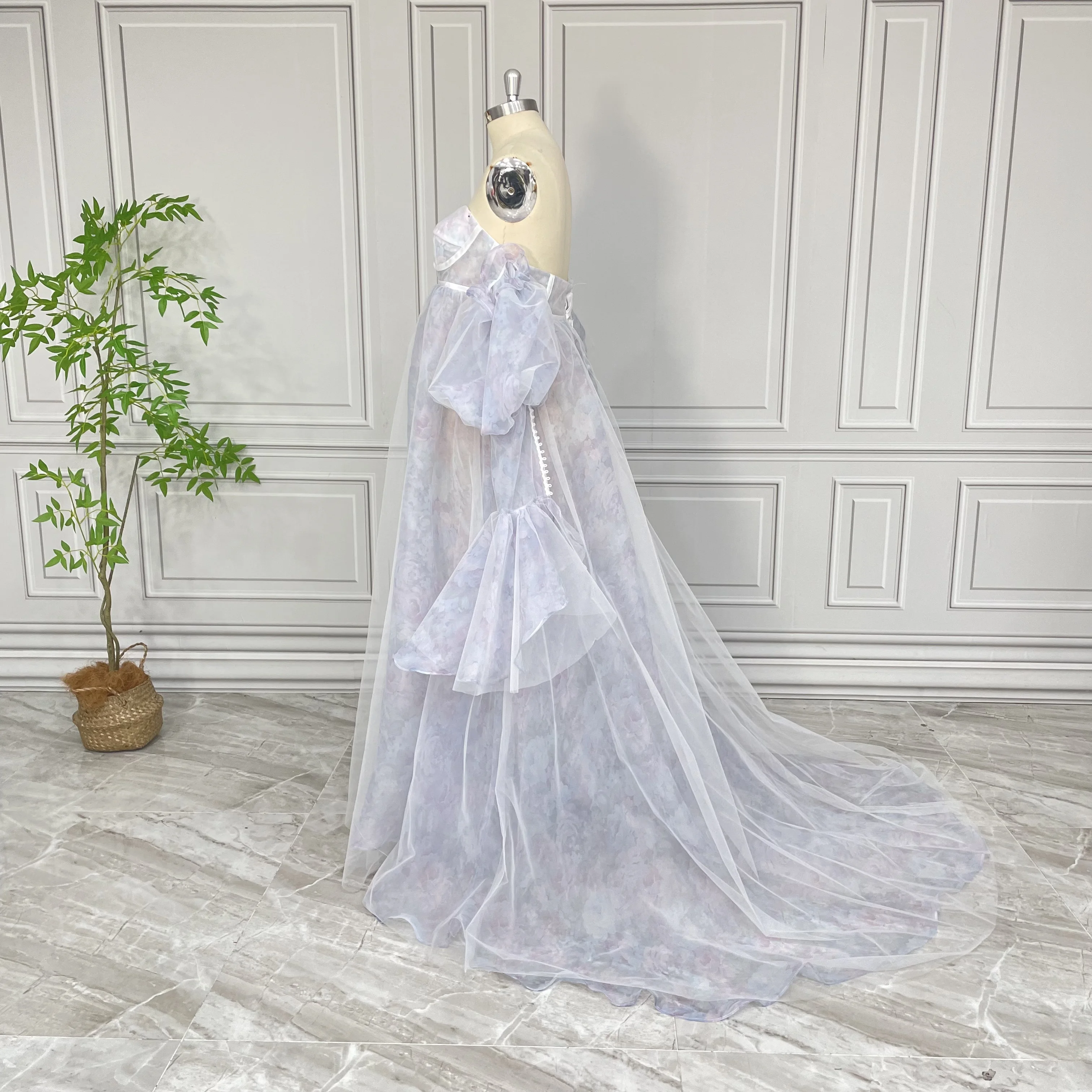 100% Real Photos High Quality Flowers Print Organza Maternity Photo Shoot Dress For Baby Shower Pregnant Women Gown 2024