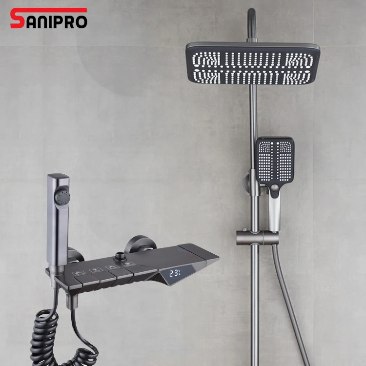 SANIPRO Gun Gray 4 Function Hot and Cold Mixing Faucet Tap Smart Digital Display Keypad Piano Button Bathroom Shower Set