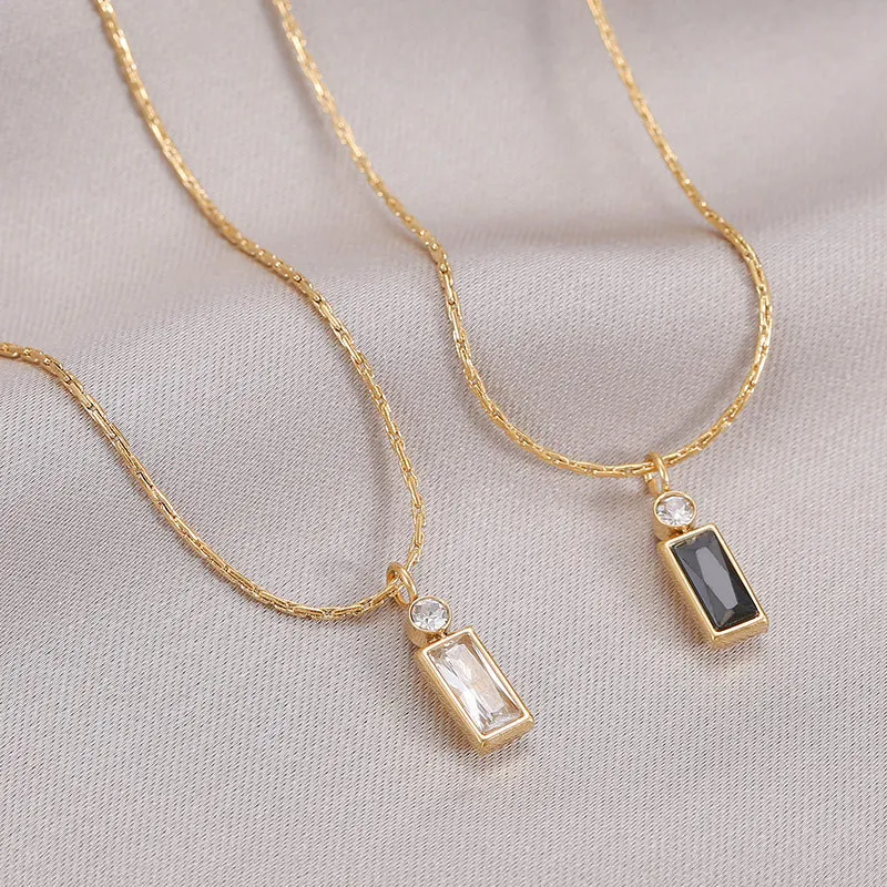 N042-006 Halo fashion style nice cubic zirconium stone simple rectangle charm stainless steel necklace