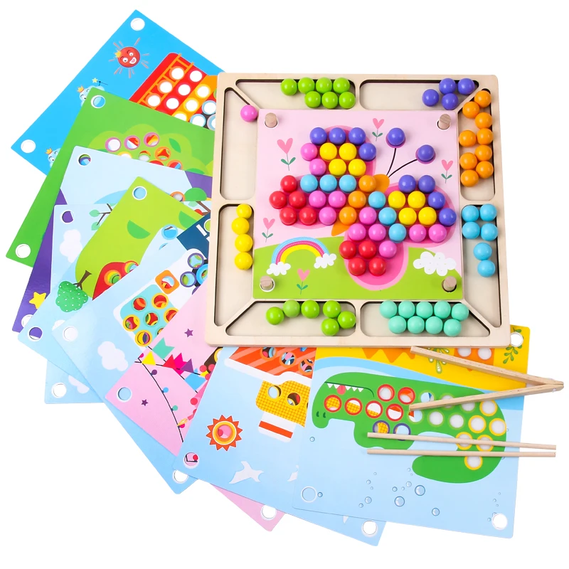 Wooden Clip Beads Toy Wooden Clips Small Ball Puzzle Board Fun Chopsticks Practice Kit Game Parent-child Interactive Game Kids