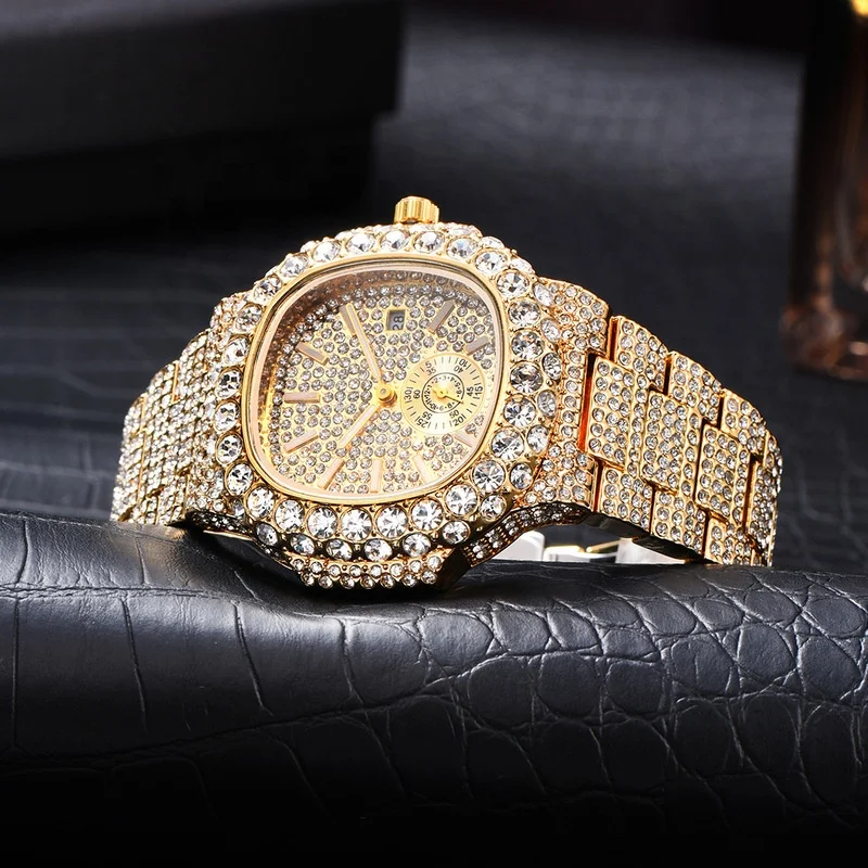 Dr. Jewelry 2022 Luxury 18K Gold Plated Stainless Steel Mesh Luminous Needles Sky Star Full Diamond Men Quartz Watch