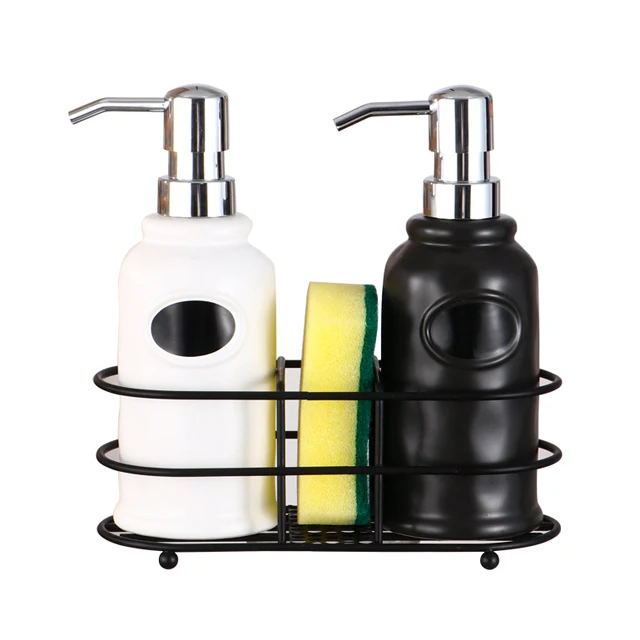 White  Containers Storage 2 In 1 Soap Holder ceramic Soap Dispenser With Sponge Holder and metal stand