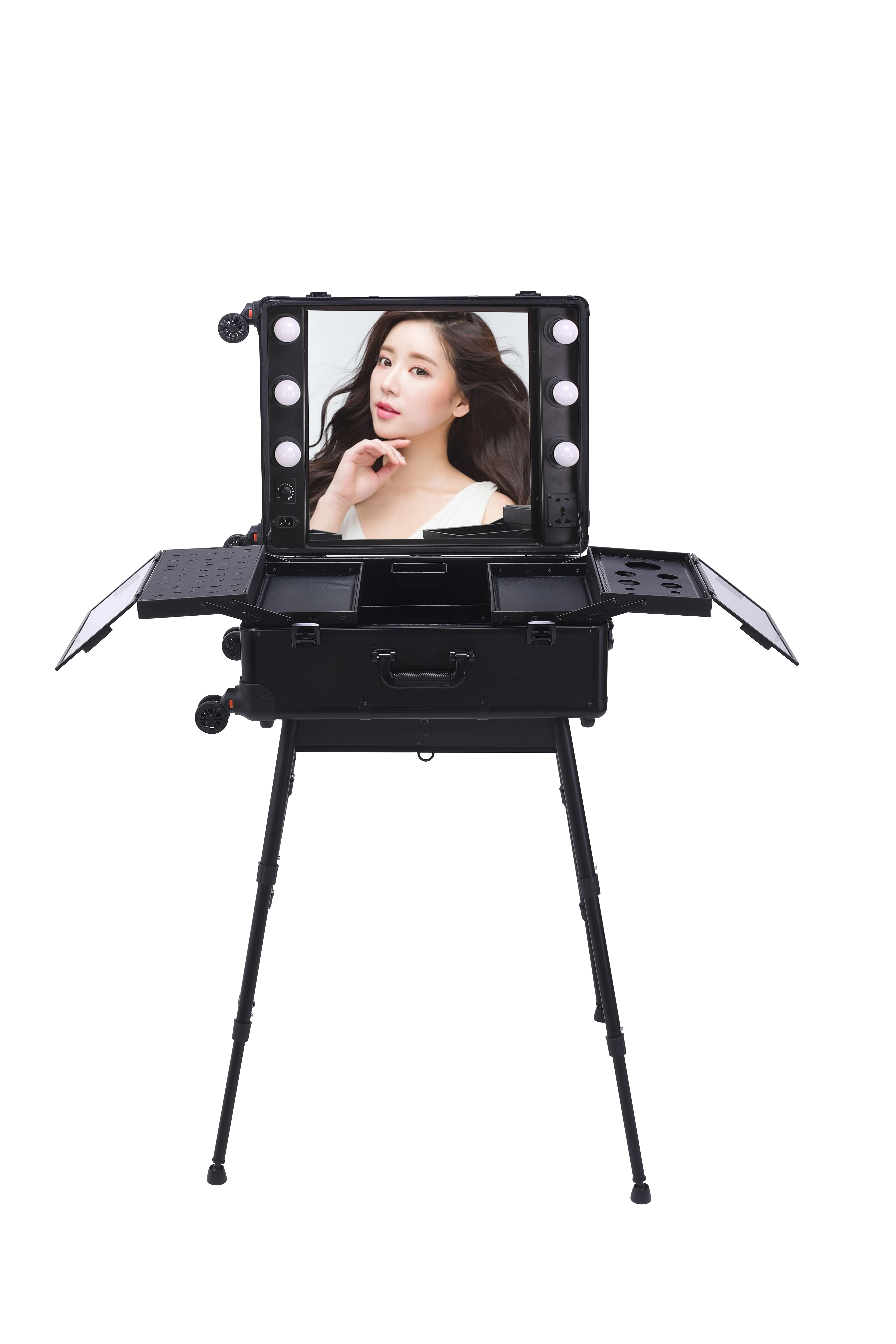 Rolling Studio Makeup Show Train Case Cosmetic w/Light Leg Mirror Wheeled Pro
