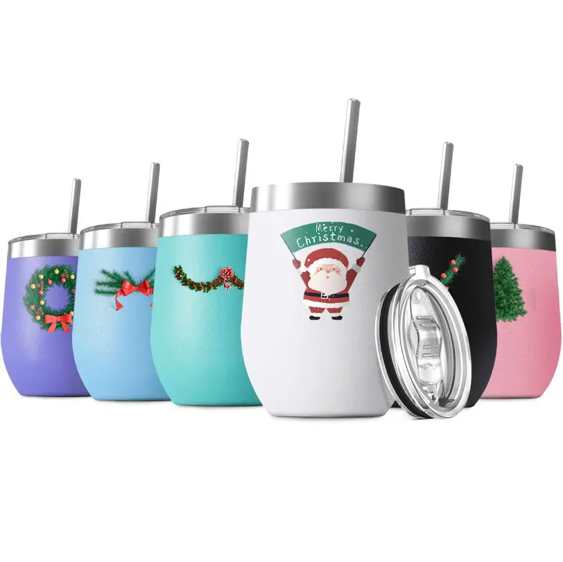 wholesale stainless steel stemless wine glass tumbler non spill cup 12oz  Tumbler with lid straw custom logo powder coating