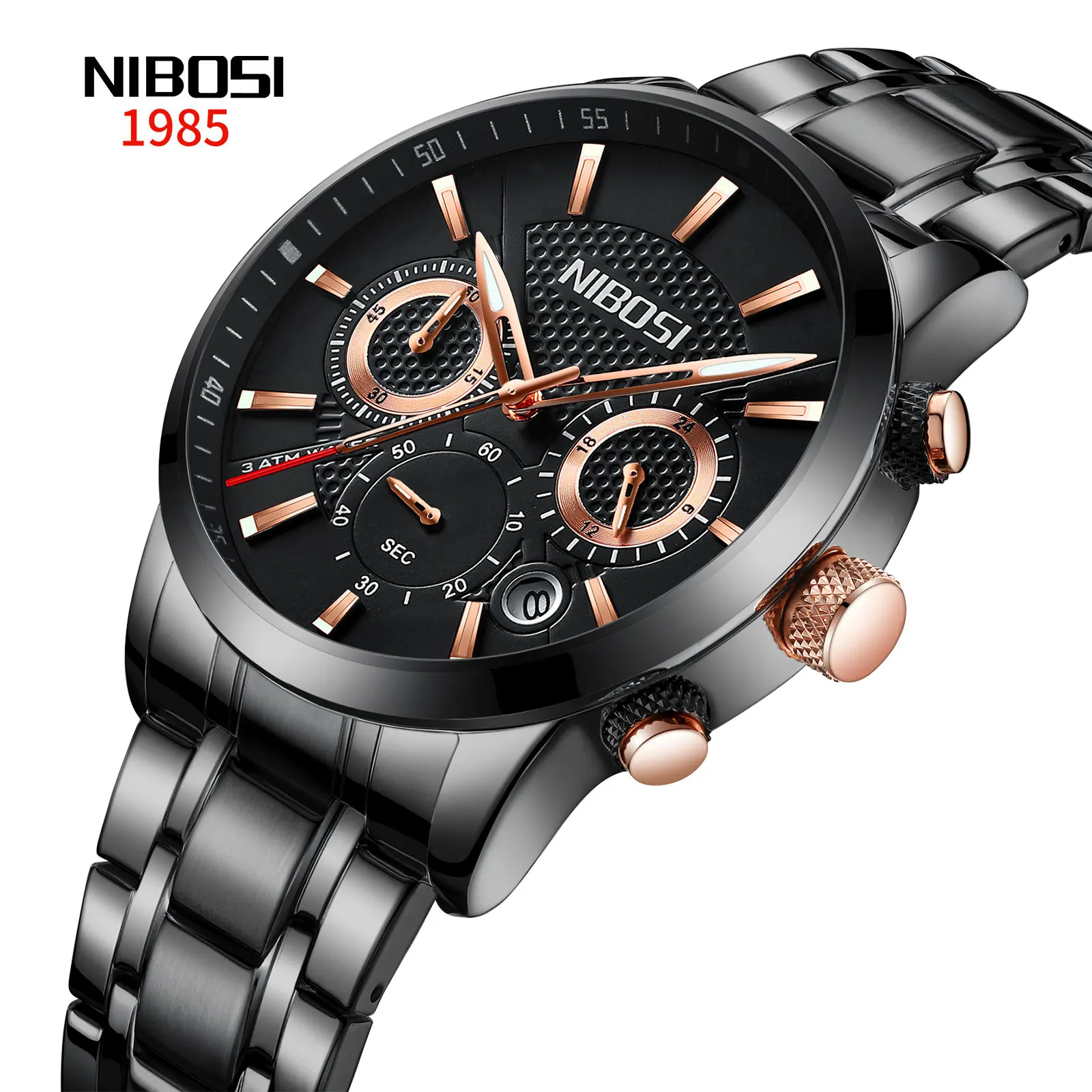 NIBOSI 2313 Elegant Men Carbon Fiber Dial Watch SS Chain Wristwatch with Stop Watch Function
