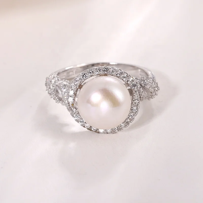 Kammy 9.5-10mm Custom Entanglement Zircon Gold Plated Luxury Dainty Natural Freshwater Pearl Wedding Engagement Rings For Women