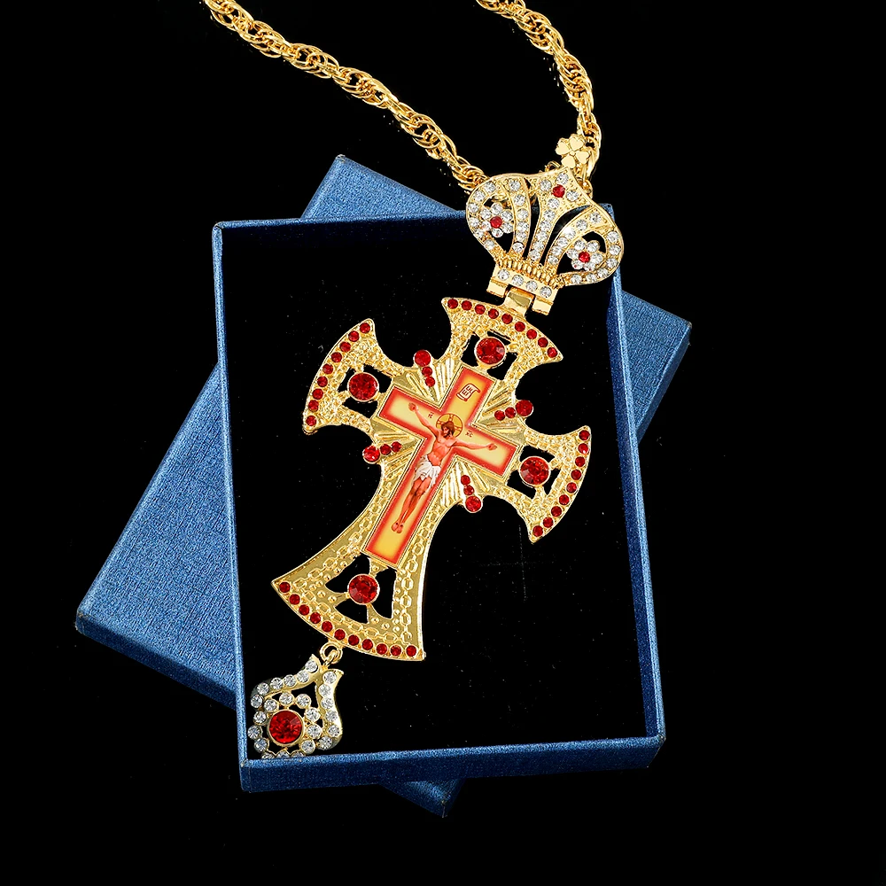 Religious Jesus Byzantine Cross Pendant Necklace Gold Plated Russian Big Heavy Orthodox Catholic Cross Necklace with Box