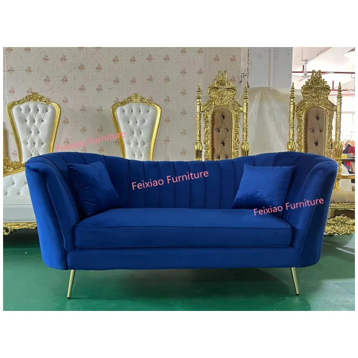 Modern Hotel Party Wedding Events Furniture Blue Velvet Cushion Stainless Steel 3 Seater Dining Sofa