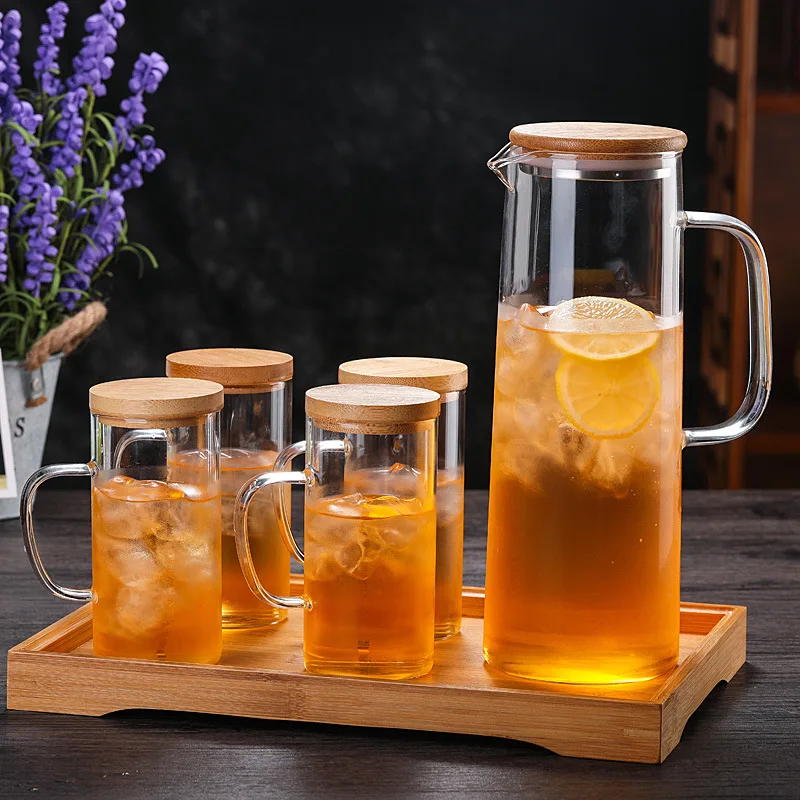 Cheap Price Original Factory Glass Water Pitcher Glass Jug Cups With Wood Tray Sets Manufacturers