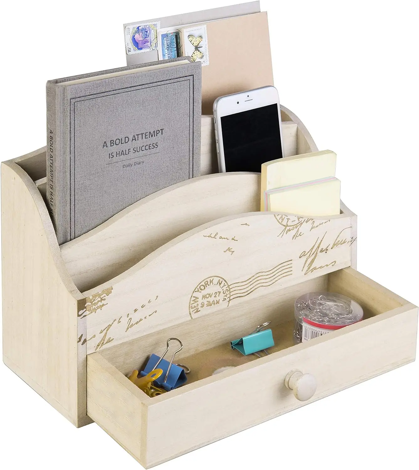 Whitewashed Wood Mail Sorter Holder For Desk  Wooden Rustic Office Desktop Stationery File Organizer