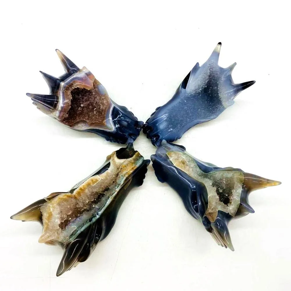 Wholesale Natural Carved Agate Geode Dragon Head Skulls Crystal Crafts Druzy Agate Dragon For Fengshui Decoration
