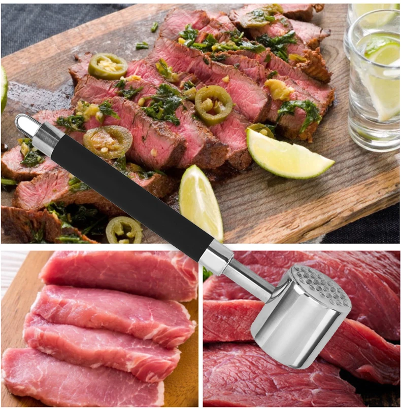 10.7 inch Double-sided Meat Hammer Steak Pounder Meat Mallet Pounding 430 Stainless Steel Meat Tenderizer with Hook