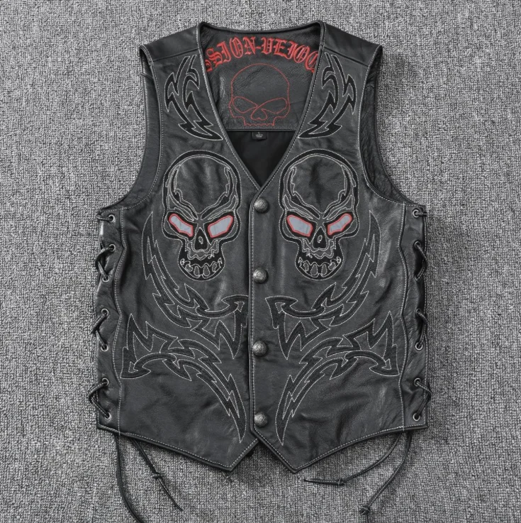 PDEP plus size 4XL leather vest jacket for men lace up pocket tactical leather motorcycle vest brown men leather biker vest