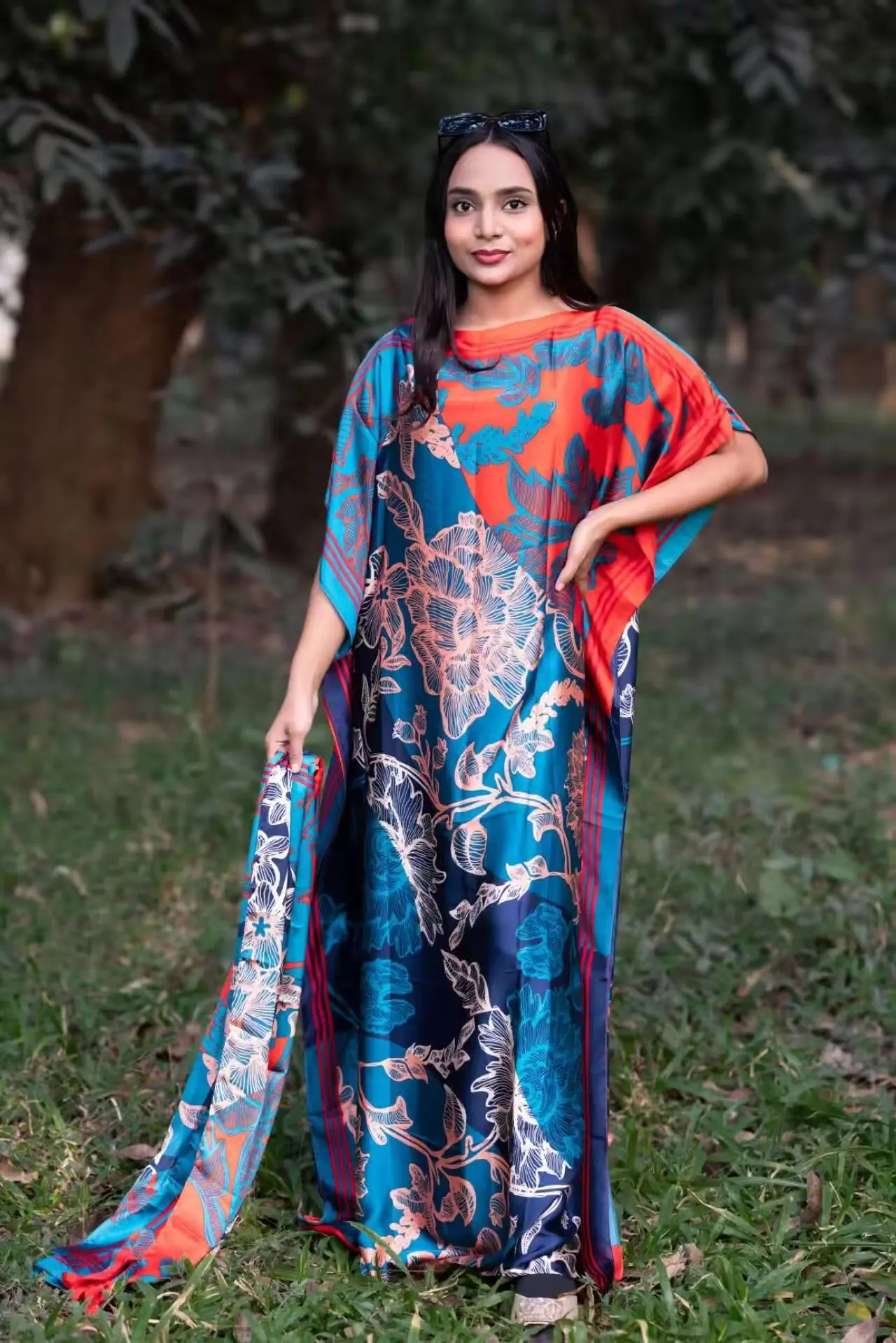 Whosale 2024 new style ladies african clothing ethnic free size satin silk printed long Kaftan plus size muslim women dress