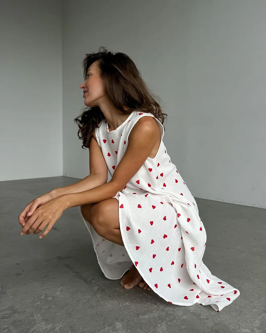 New Arrival Spring Sexy O Neck Nightdress Love Print White Pajamas Sleeveless Night Gown Cotton Homewear Dress Ladies