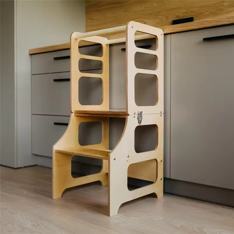Montessori Foldable Wooden High Chair Set Transformable Toddler Tower & Kids Desk Chair for Kitchen for Learning & Play