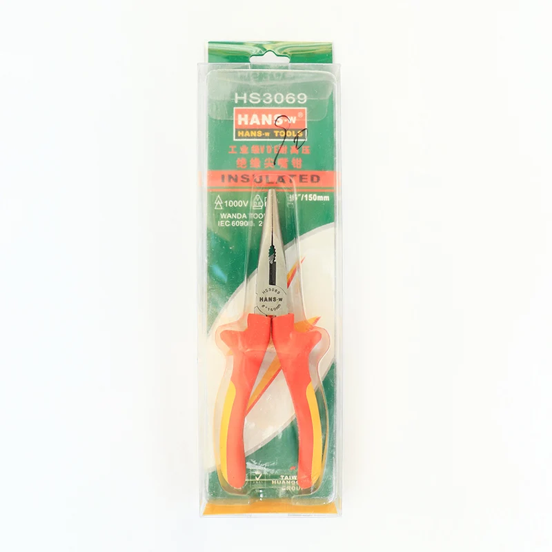 
HANS.w 6-Inch Long Nose Pliers With Cutter, 1000V Insulated, Chrome Vanadium Steel, VDE-GS Certified 