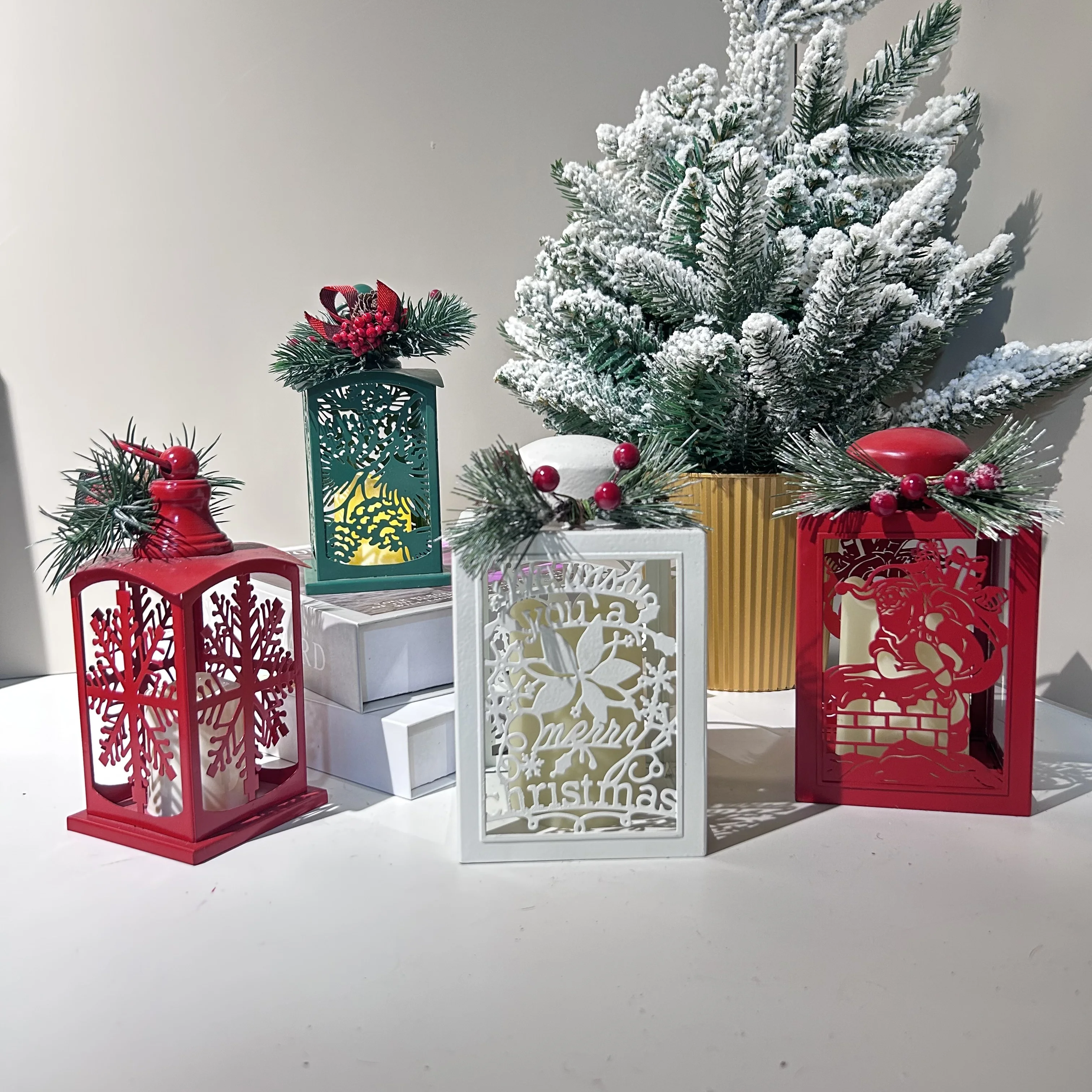 Christmas small lanterns green white red metal vintage lantern christmas decoration hanging home small lanterns