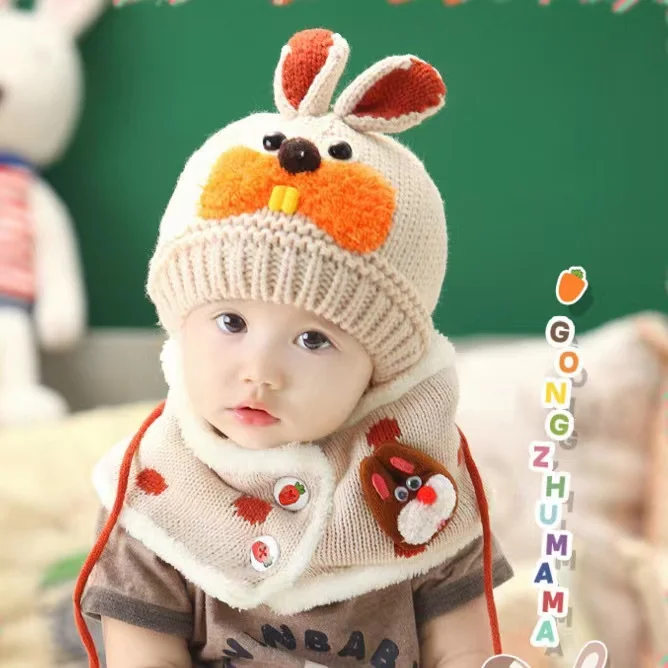 Hot Selling Winter Knit Bay Hat And Scarf Gloves Set Rabbit Plush Crochet Wool Baby Hat For Kids