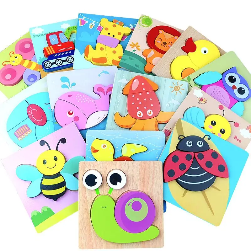 3d brain teaser cute animal wooden jigsaw puzzle 3D jigsaw colorful fish infant iq car animal child wooden puzzle