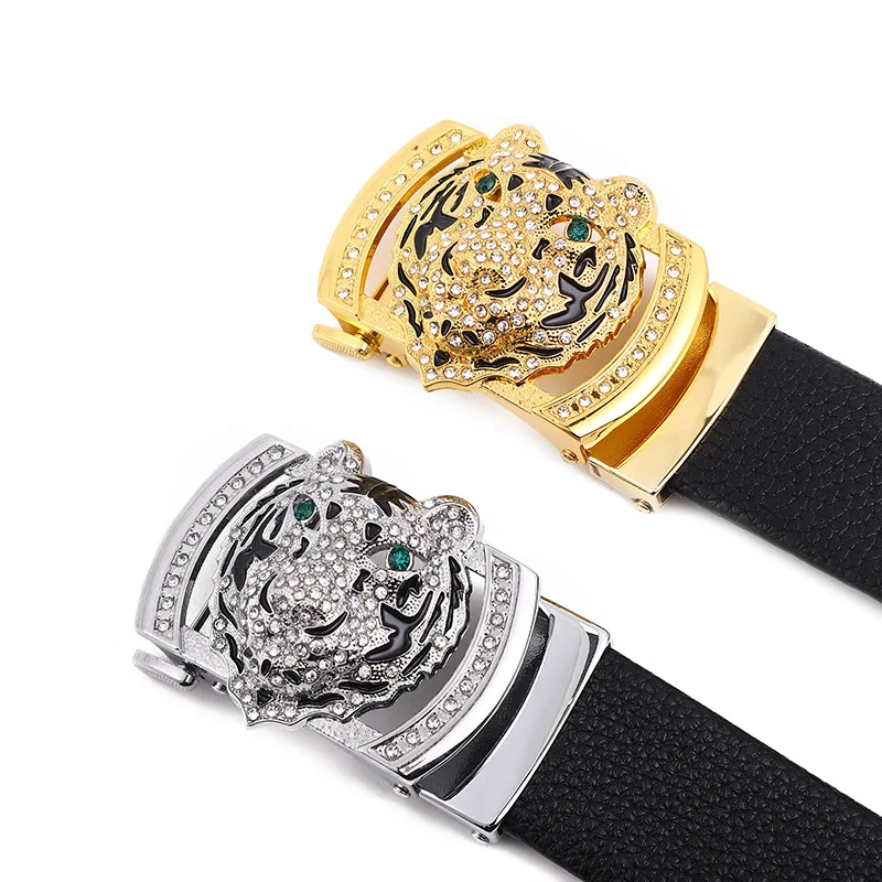 Luxury Men Belts Ratchet Tiger Head Automatic Pin Buckle Business Imitation Leather Belt Men Diamond Belt Price