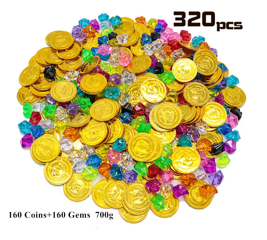 288pcs Packing of 144pcs Pirate Gold Coins and 144pcs Acrylic Gems Kids Simulation Toy