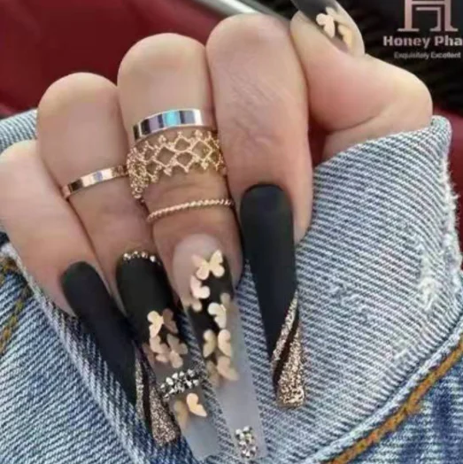 new trendy cheap butterfly designed false nails almond acrylic diy vegan non-toxic gel polish press on nails 24pcs set