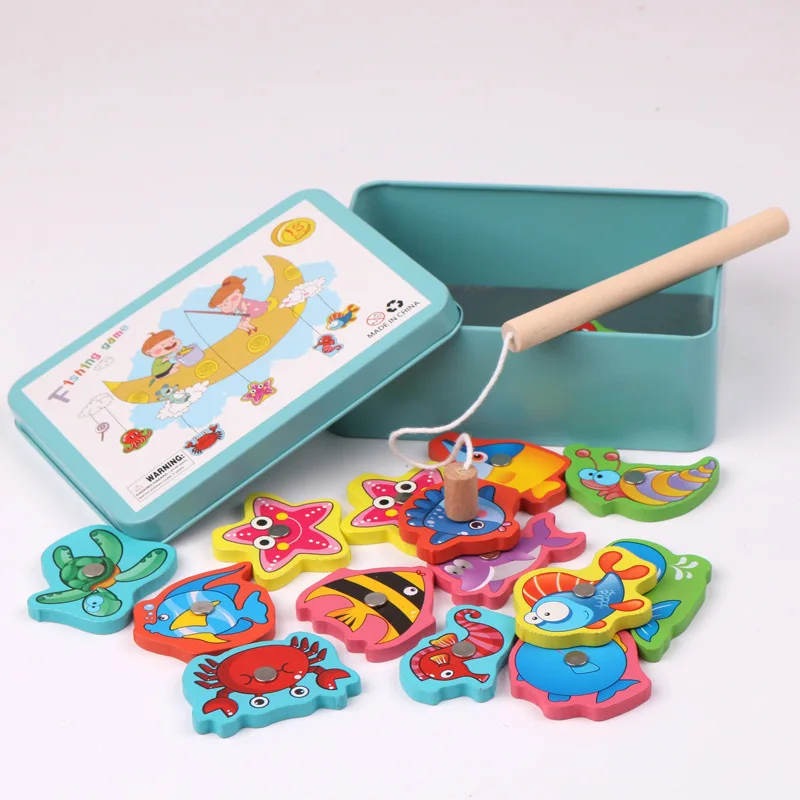 15Pcs Baby Children Kids Montessori Rob Fish Catch Wooden Magnetic Fishing Toy Set Game Educational Fishing Toy