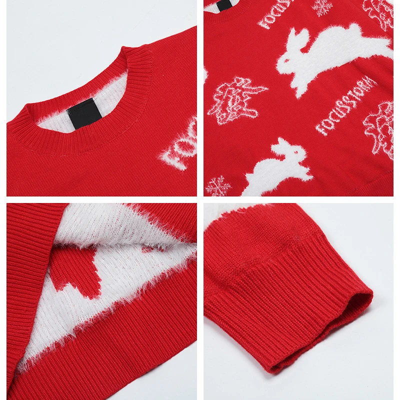 Original design rabbit print embroidery sweater crew neck lazy style pullover couple outfit loose knitted sweater for men